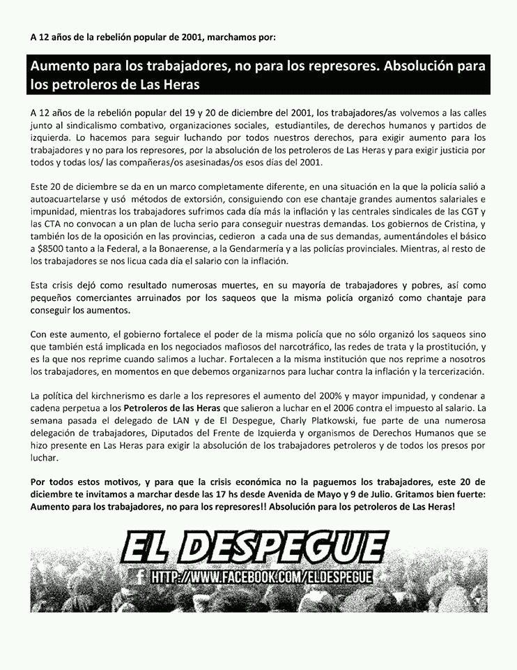 Declaración de El Despegue: marchamos el 20D por aumento para trabajadores, no para represores