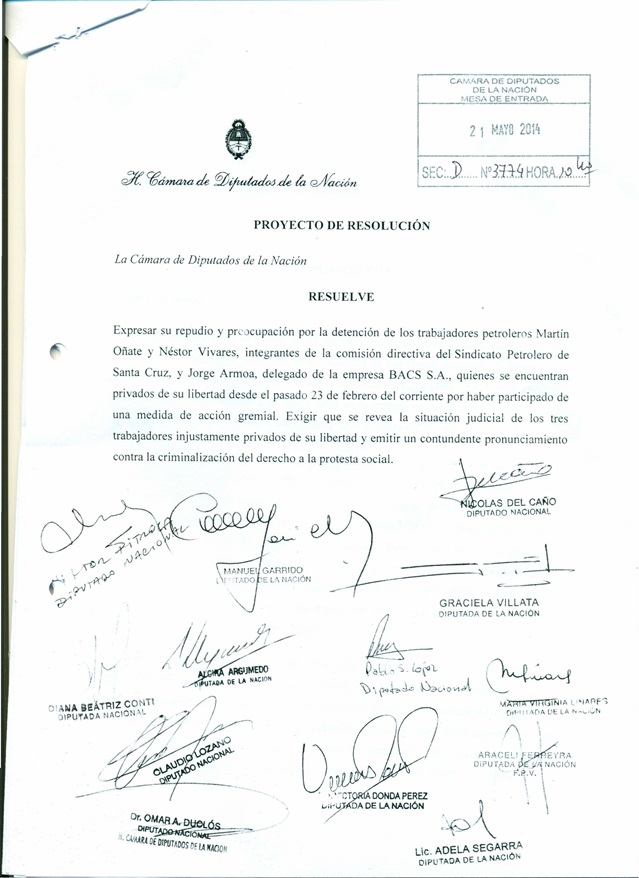 Diputados de nueve bloques expresaron su repudio y preocupación por los petroleros presos