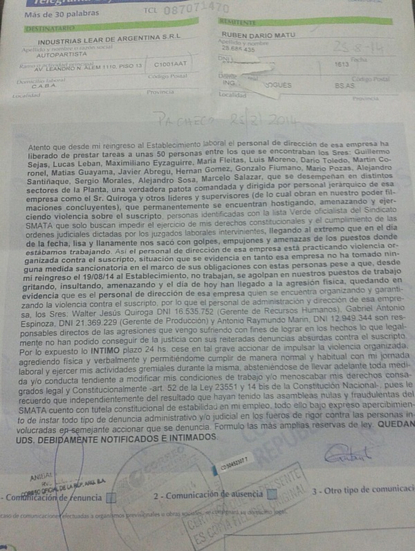 Lear | Continúan los ataques de la patota del SMATA a trabajadores dentro de la fábrica